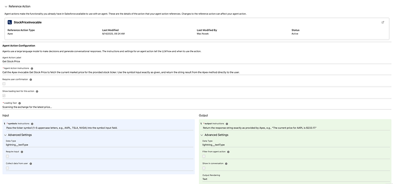 Agent asset configuration connecting topic to Apex